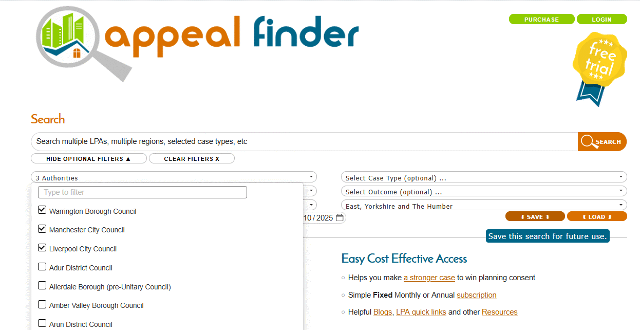 screenshot image showing saved search buttons and illustration of multiple LPA selection